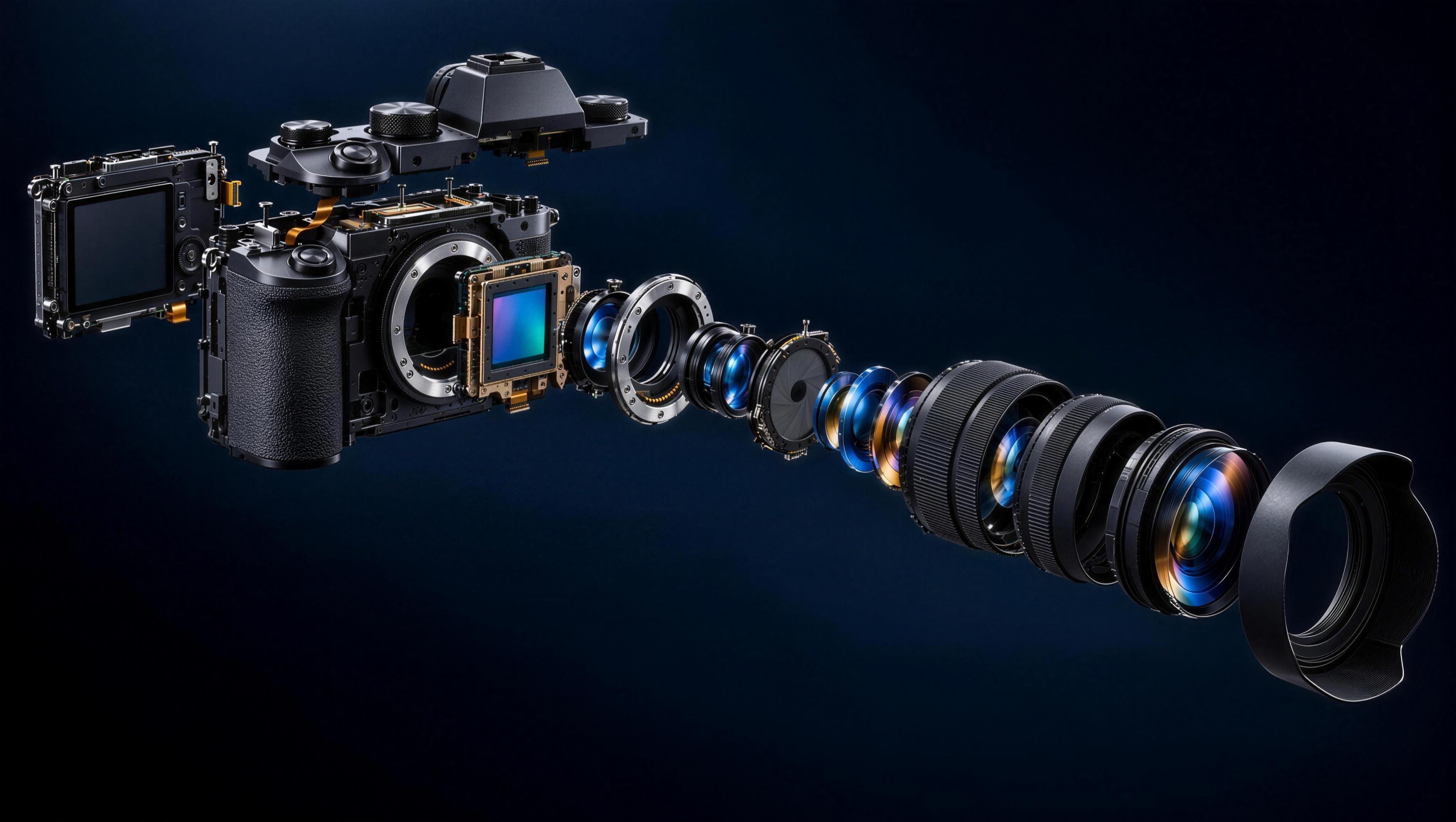 An exploded mirrorless camera, laid out from the rear screen to the lens hood.